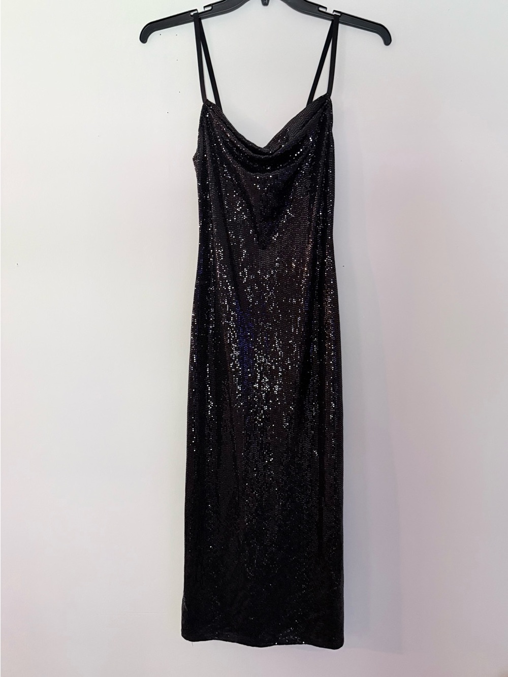 BeBe Black Sequin Slip Dress with Cowl Neck